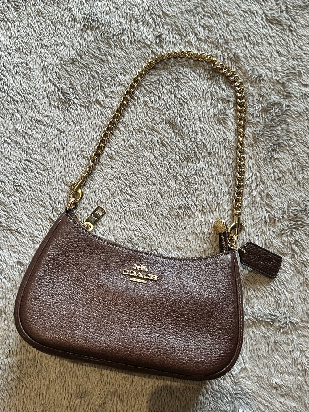 Coach Brown Pebble Leather Shoulder Bag with Gold Chain Strap